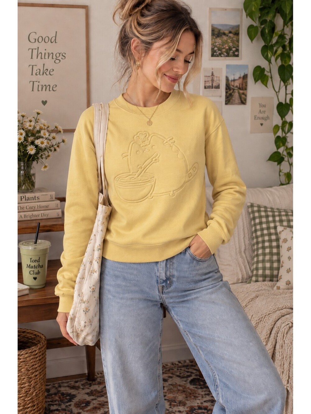 Pusheen Crew Neck Sweater Womens XS Butter Yellow Subtle Cat Graphic Whimsy Twee